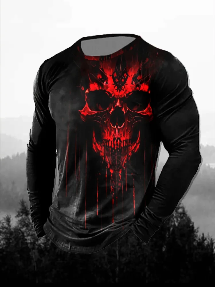 3D Printing Custom - メンズ 3Dプリント 赤いダークスカル柄 長袖Tシャツ ゴシック ハロウィン