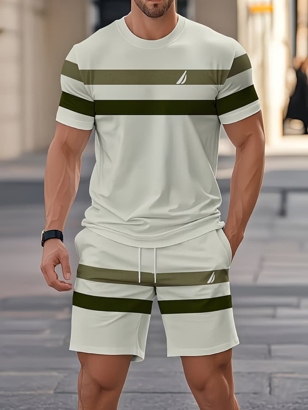3D Printing Custom - メンズサマーセット面白い3Dストライププリント半袖Tシャツ+ショートパンツ2ピースファッションルーズメンズアウトフィットカジュアルシンプルスポーツスーツ